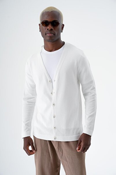 CHUBA Men's Cotton Buttoned Standard Fit Casual Knitwear Cardigan White 24S277