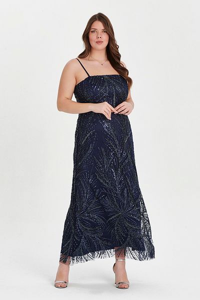 EVEN plus size Navy Blue Sequin Sequin Embroidered Evening Dress Plus Size Dress