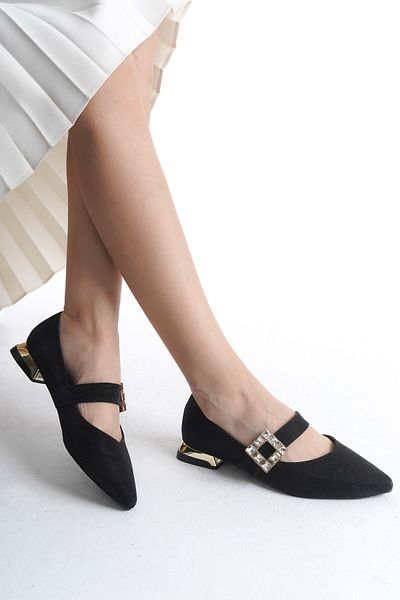 Moda Değirmeni Pantofi cu toc clasic, cu toc gros, cu cataramă de piatră, pentru femei, negre, BG1708-119-0002