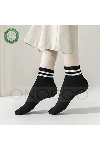 Onouqo طقم جوارب جامعية مخططة باللون الأسود للنساء مكون من 5 أزواج (قطن عضوي)