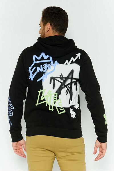 Rue 21 Men Hooded Graphic Print Long Sleeves Sweatshirt, Black Combo