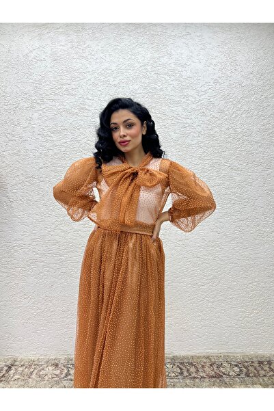 KÜÇÜĞÜM BUTİK Καφέ Glittery Μπλούζα με δαντέλα από τούλι