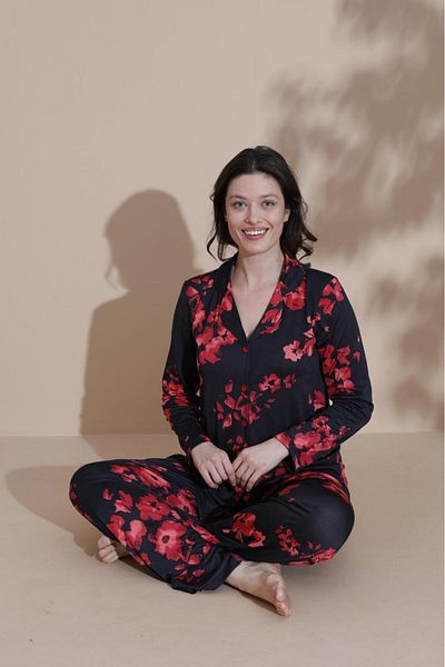 POLKAN Floral Viscon Fabric Buttoned Long Sleeve Pajama Set