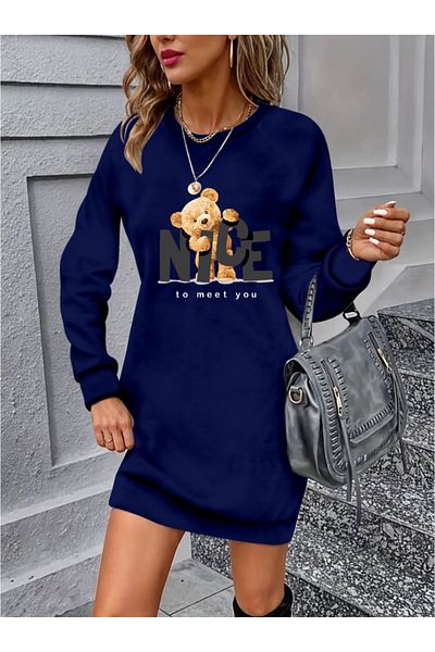 Kokosh moda Rochie de damă cu mânecă lungă, cu decolteu, cu imprimeu de urs, din viscoză, cu două fire