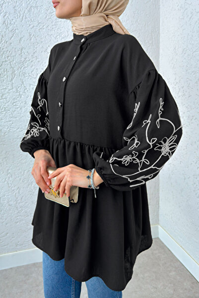 Salih Çelebi Balloon Sleeve Embroidered Tunic 2204 - Black