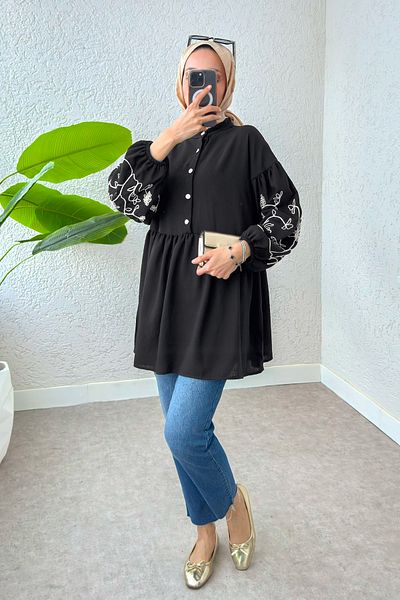Salih Çelebi Balloon Sleeve Embroidered Tunic 2204 - Black