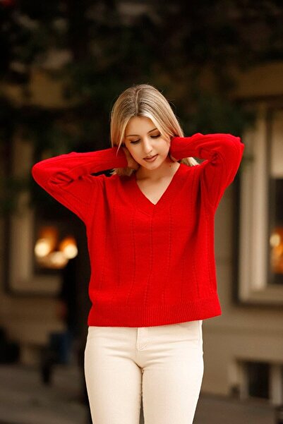 ALCHON V-Neck Ribbed Slim Knitwear Sweater - Wide Low-Cut, Long Sleeve, Side Slit