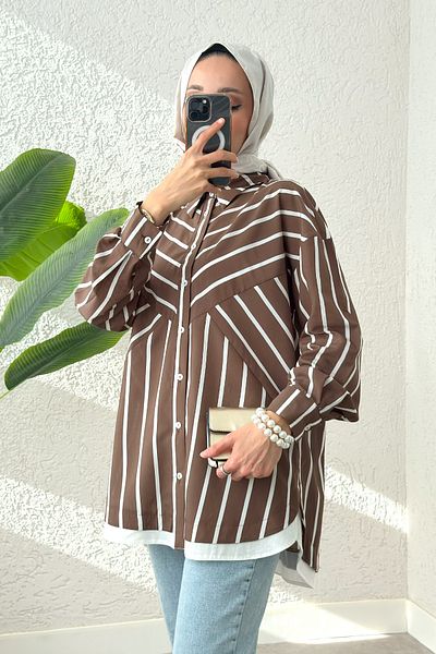 Salih Çelebi Ασύμμετρο ριγέ πουκάμισο Hijab 2206 - ΚΑΦΕ