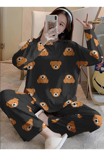 MODA Long Sleeve Pajama Set Teddy Patterned Supersoft Pouch
