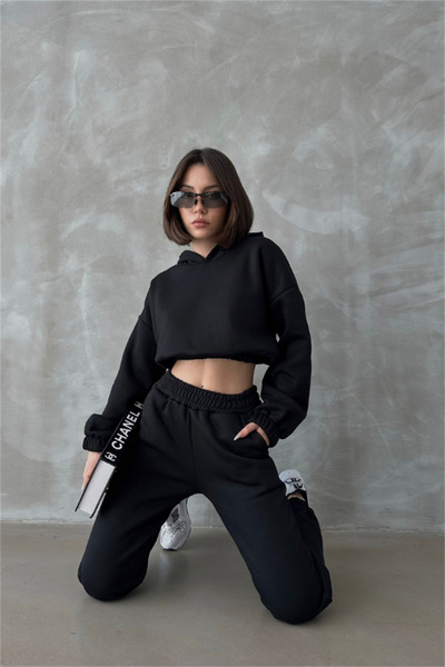 CC STORE Set de trening pentru pantaloni de sport cu trei fire ridicate, negru