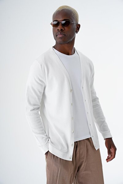 CHUBA Men's Cotton Buttoned Standard Fit Casual Knitwear Cardigan White 24S277