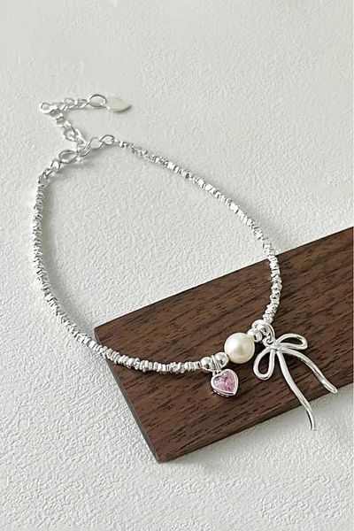 The Collection Pink Heart Detailed Pinterest Pearl Stone Princess Steel Bracelet with Bow Ribbon