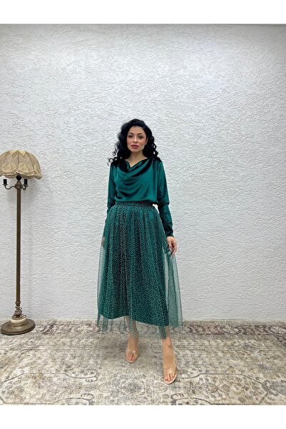 KÜÇÜĞÜM BUTİK Πράσινη τούλινη ασημένια φούστα