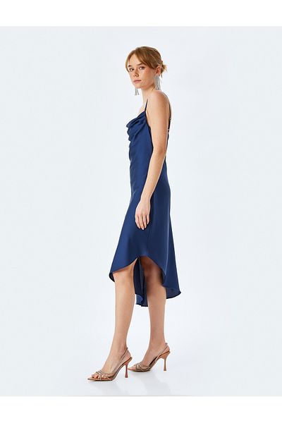 Koton Spaghetti strappy boat neck asymmetric midi slip satin dress.
