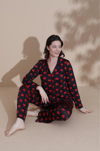 POLKAN Heart Viscose Fabric Buttoned Long Sleeve Pajamas Set