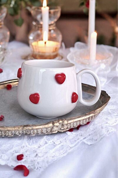 BOONLÜLE Kalp Yağmuru  Serpme Kırmızı Küçük Kalpli El Yapımı Seramik Mug 200 ...