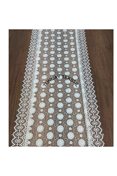 TUNCAY TEKSTİL Papatya Desen Güpürlü Polyester Runner Ranır Sehpa Masa Örtüsü Fransız Güpür Örtü Beyaz