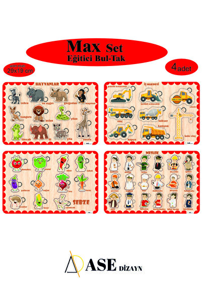 ASE DİZAYN Ahşap çocuk puzzle(yapboz) egitici ve öğretici Bul- Tak 4 adet