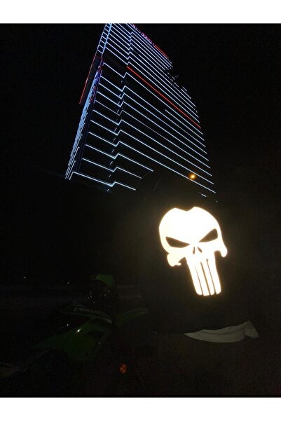 trend of city Gece Parlayan Punisher Reflektör Baskılı Bol Kalıp Siyah Hoodie