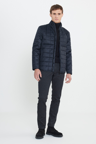 ALTINYILDIZ CLASSICS Men's Navy Blue Standard Fit Regular Fit Stand Collar Quilted Patterned Puffer Coat with Side Pockets