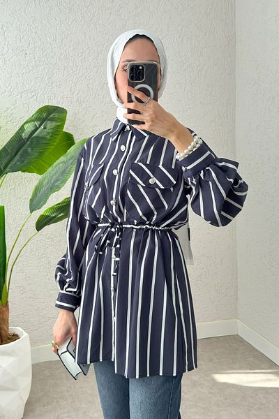 Salih Çelebi Waist Drawstring Hijab Tunic 2200 - Dark Blue