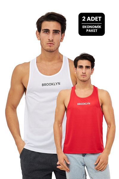 Moda Işık Red Brooklyn Economical Sports Tank Top Pack of 2 - Men's Printed Gym Tank Top