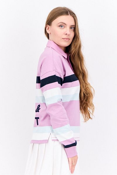 Lyle & Scott Women Regular Fit Embroidered Long Sleeve Polo Shirt, Lilac Combo