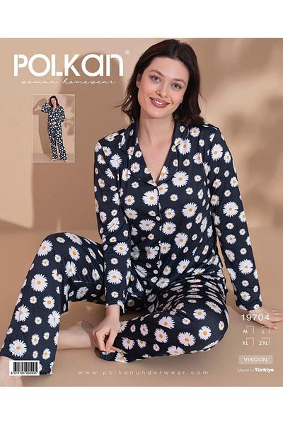 POLKAN Daisy Viscose Fabric Buttoned Long Sleeve Pajama Set
