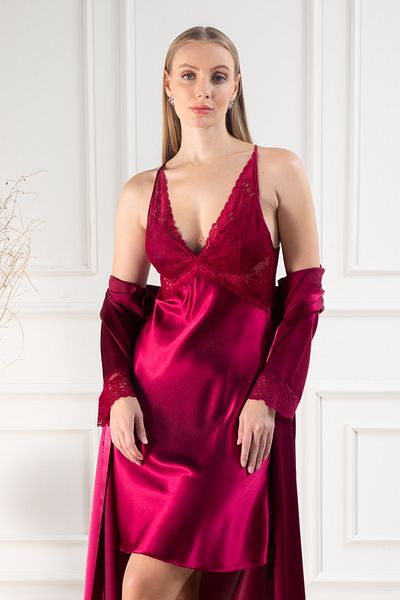 Lunoche Nightwear Women's Lace Back Detailed Long Satin Dowry Double Nightgown Dressing Gown Set