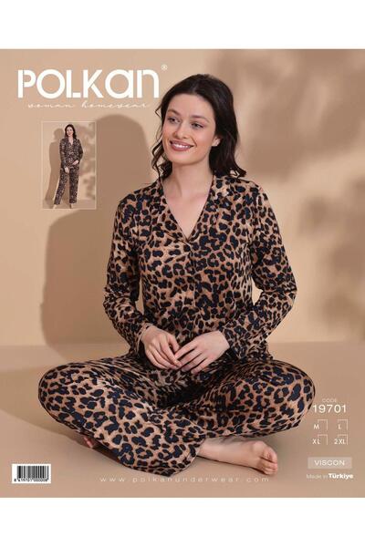 POLKAN Leopard Viscose Fabric Buttoned Long Sleeve Pajama Set