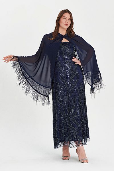 EVEN plus size Navy Blue Sequin Sequin Embroidered Evening Dress Plus Size Dress