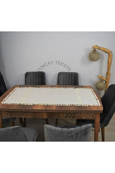 TUNCAY TEKSTİL Püsküllü Ponponlu Saçaklı Runner - Ranır Örtü Buldan Işi Keten Monika Masa Üstü Örtüsü 50x150
