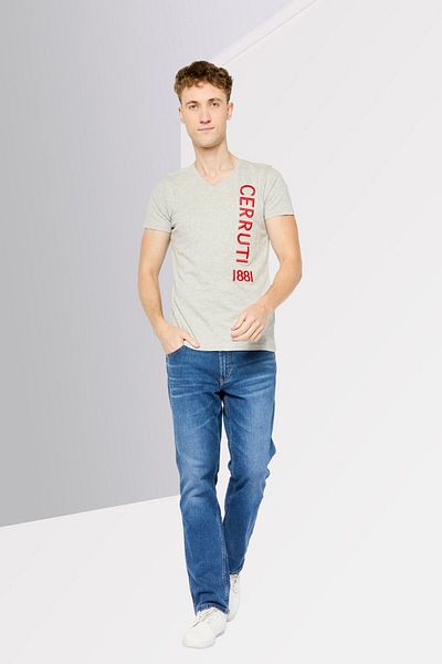 Cerruti 1881 Men V-neck Short Sleeves Embroidered Logo T-shirt, Medium Grey