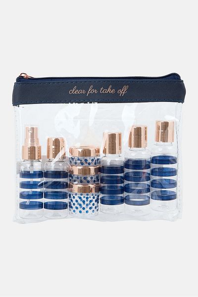 Miamica 12 Pieces Stripe Saffiano Travel Bottle Set, Blue