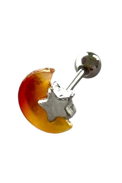 TAKIŞTIR Silver Color Moon and Star Figured Stone Detailed Surgical Steel Tragus/ Cartilage Earring/Piercing (Single)