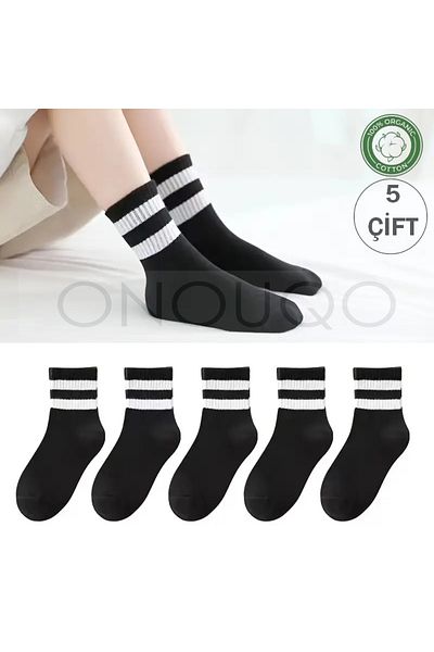 Onouqo طقم جوارب جامعية مخططة باللون الأسود للنساء مكون من 5 أزواج (قطن عضوي)