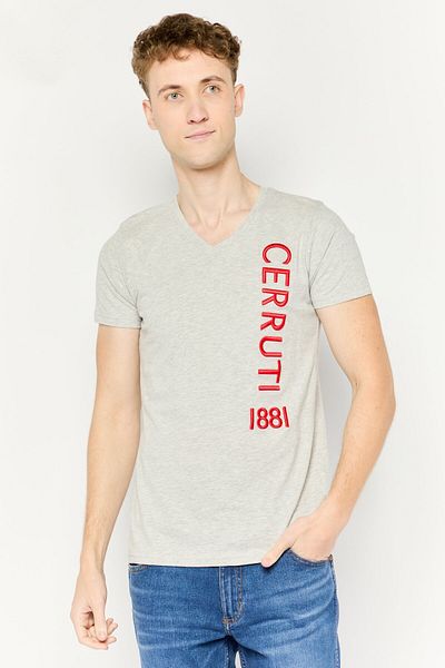 Cerruti 1881 Men V-neck Short Sleeves Embroidered Logo T-shirt, Medium Grey