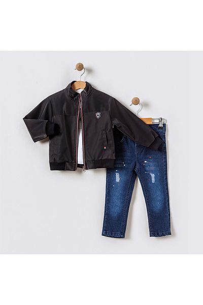 tipycix kids wear Leather Jacket Denim Trousers Combed Cotton T-Shirt 3-Piece Boy's Bottom Top Set