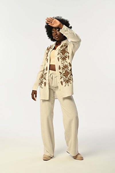 Orfeo Negro Cămașă de damă NATUR COLOR MARO BRODATĂ CU TĂIȘTIRE OVERSIZE