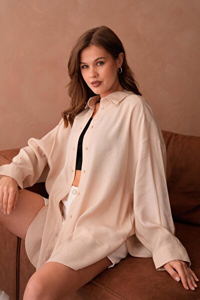 minaaise Жіноча тканина з каменем Модальна тканина Довга асиметрична крій Oversize Туніка сорочка 29005