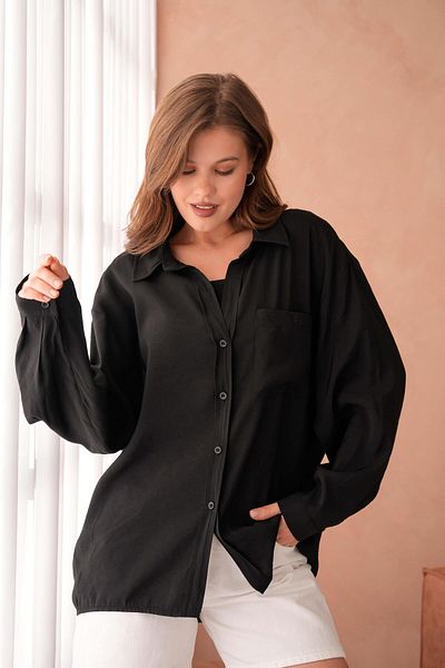 minaaise Cămașă oversize pentru femei, neagră, din țesătură modal, cu buzunare fără umeri 29006