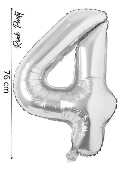 renk party Folyo Balon 4 Rakamı Helyum Balon 76 Cm Gümüş Renk - 4 Yaş Balonu - 4 Rakam Balon - 34 Inch