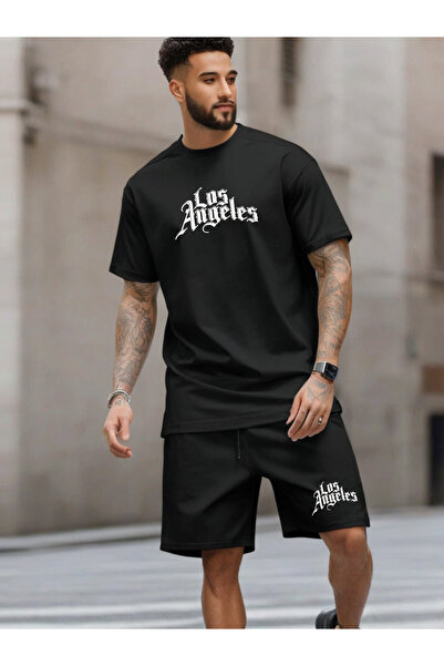 DEEPSENCE Men's Black 2-Piece Shorts T-Shirt Set Los Angeles Printed