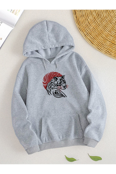 De Carte Red Panther Printed Relaxed Seasonal Hooded Sweatshirt