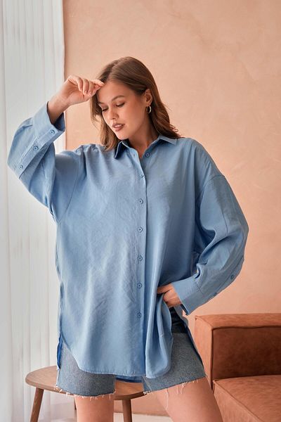 minaaise Cămașă tunică supradimensionată, lungă, asimetrică, din țesătură modal albastră 29005