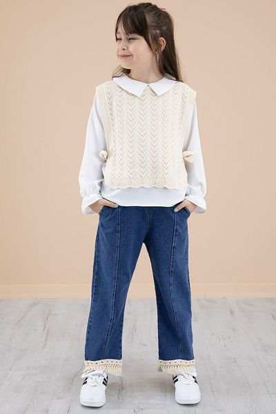 Cansın Mini Cream Lace Sweater Jeans Trousers Girls' 3 Piece Suit 20354