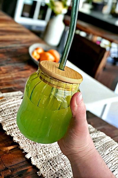 Rosemor 2-Piece Emerald Bamboo Lid Glass Cup with Straw Heat Resistant New Still