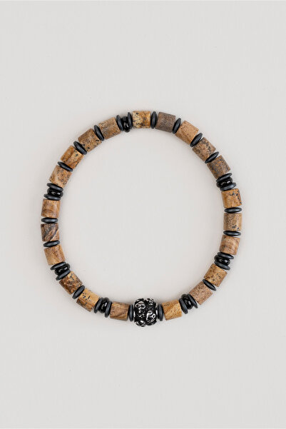 So CHIC... Jasper Taşlı Kuru Kafa Detaylı 21 Cm Çelik Erkek Bileklik