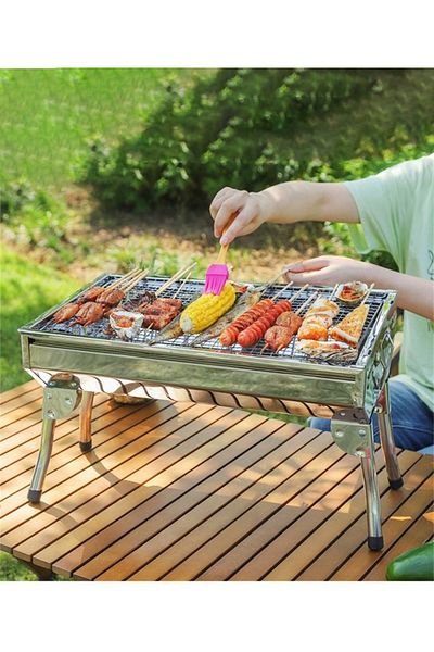 Cady One Portable Travel Charcoal Grill Foldable Stainless Steel with Legs - Silver Chrome Lightweight