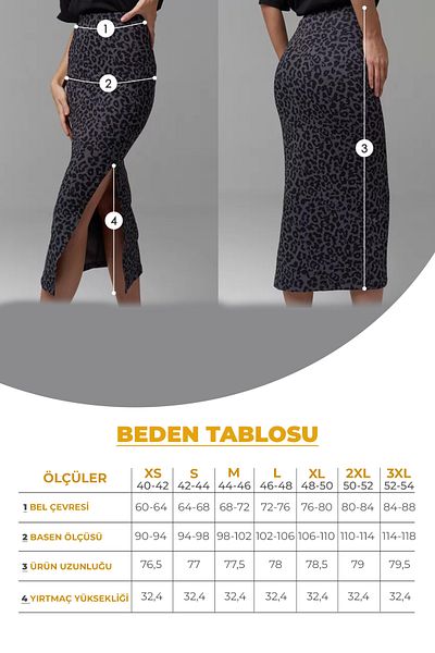 Moije Women's Leopard Patterned Black Anthracite Slit Midi Skirt